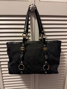 Coach Black Signature Canvas Tote with Gold-Tone Accents
